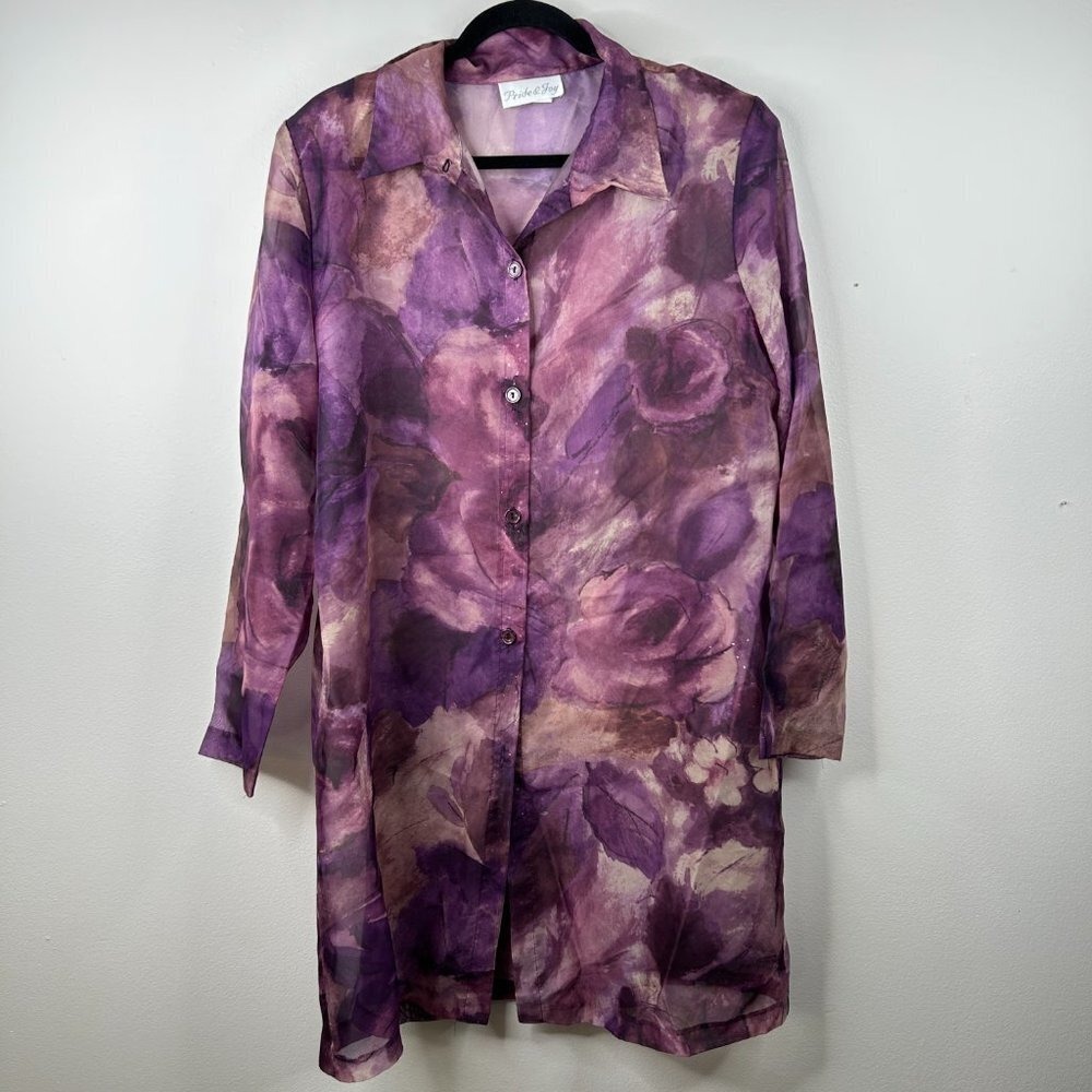 Vintage Pride & Joy Purple Floral Sheer‎ Button Up Tunic Shirt Top Size 16